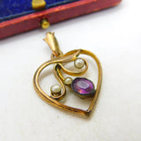 Victorian Rolled Gold, Amethyst & Seed Pearl Sweetheart Drop Pendant c1880