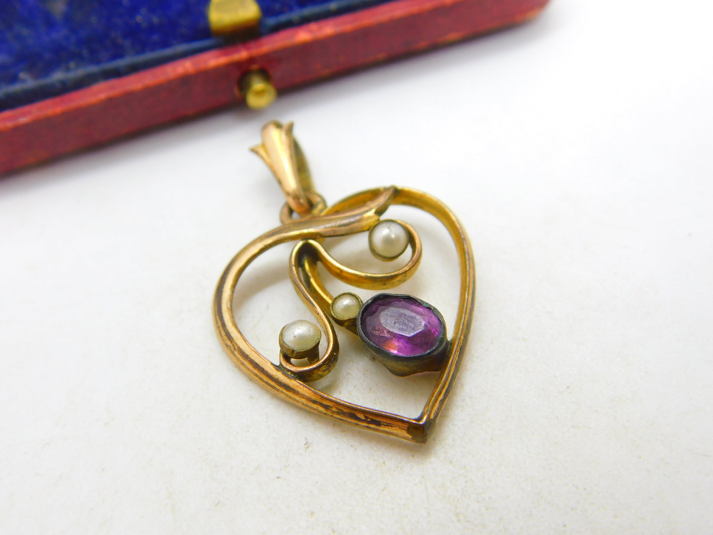 Victorian Rolled Gold, Amethyst & Seed Pearl Sweetheart Drop Pendant c1880