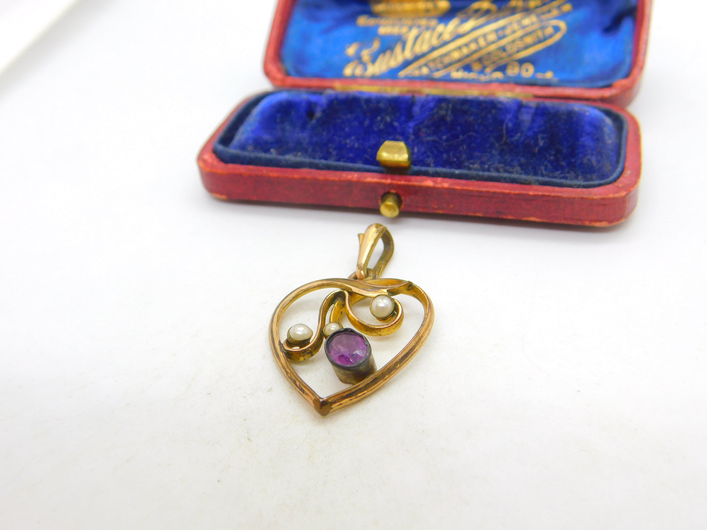 Victorian Rolled Gold, Amethyst & Seed Pearl Sweetheart Drop Pendant c1880