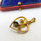 Victorian Rolled Gold, Amethyst & Seed Pearl Sweetheart Drop Pendant c1880