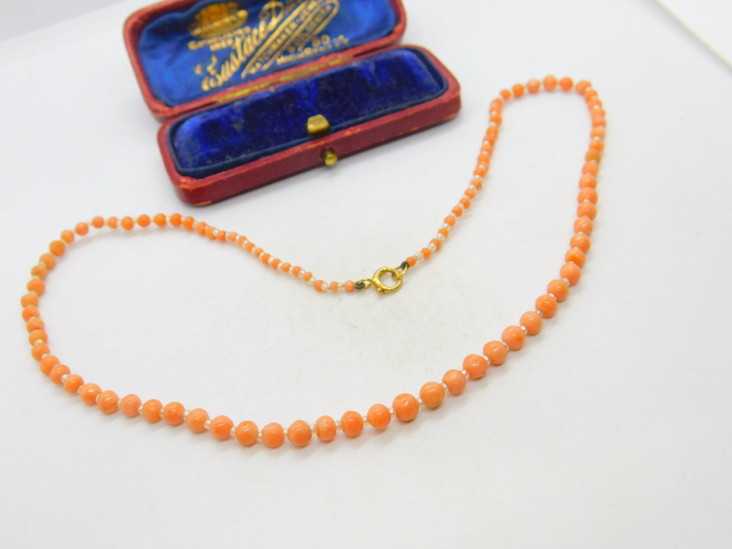 Victorian 9ct Yellow Gold, Beaded Coral & Seed Pearl Graduating Necklace c1890