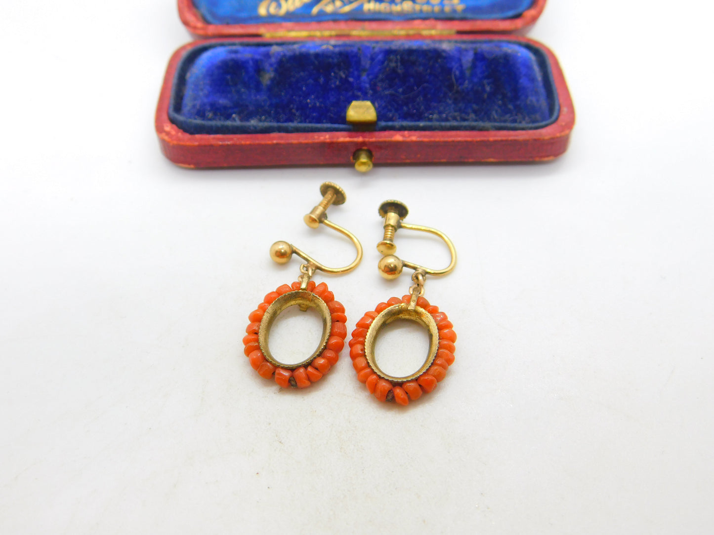 Victorian 9ct Gold & Beaded Red Coral Screw Back Drop Earrings c1880 Antique