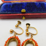 Victorian 9ct Gold & Beaded Red Coral Screw Back Drop Earrings c1880 Antique