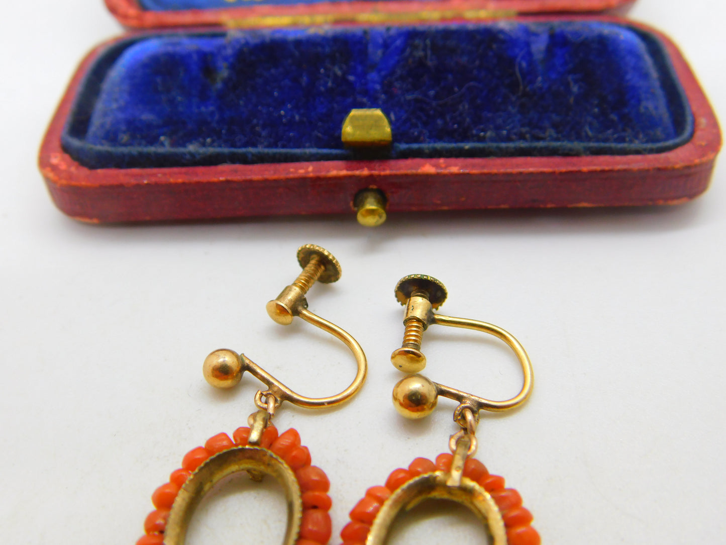 Victorian 9ct Gold & Beaded Red Coral Screw Back Drop Earrings c1880 Antique