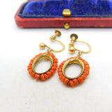 Victorian 9ct Gold & Beaded Red Coral Screw Back Drop Earrings c1880 Antique
