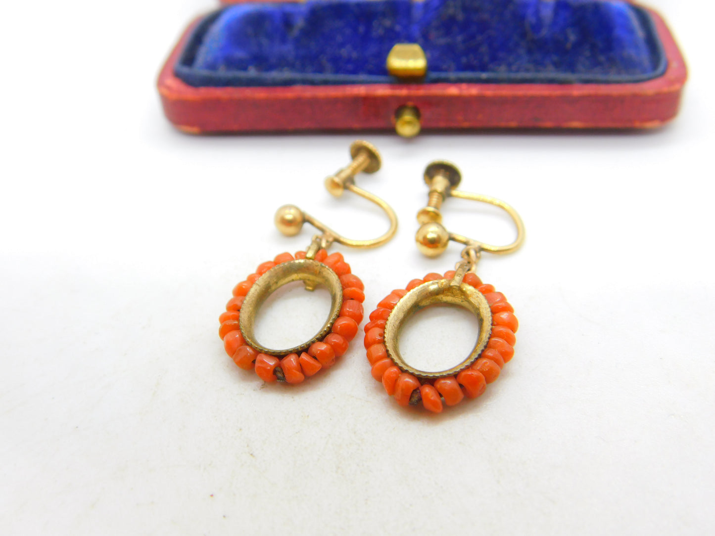 Victorian 9ct Gold & Beaded Red Coral Screw Back Drop Earrings c1880 Antique