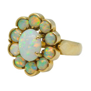 14ct Yellow Gold & Cabochon White Opal Large Floral Cluster Ring Vintage