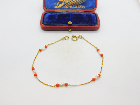 9ct Yellow Gold, Freshwater Pearl & Coral Set Chain Bracelet Vintage 1979 London