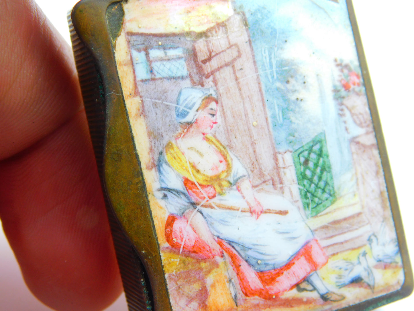 Georgian Bilston Enamel & Base Metal Erotic Scene Vesta Case c1820 Antique AF