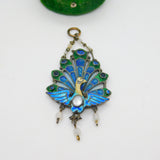 Plique-à-jour Sterling Silver Enamel, Moonstone Peacock Drop Pendant Antique