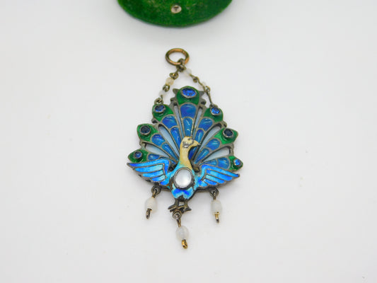 Plique-à-jour Sterling Silver Enamel, Moonstone Peacock Drop Pendant Antique