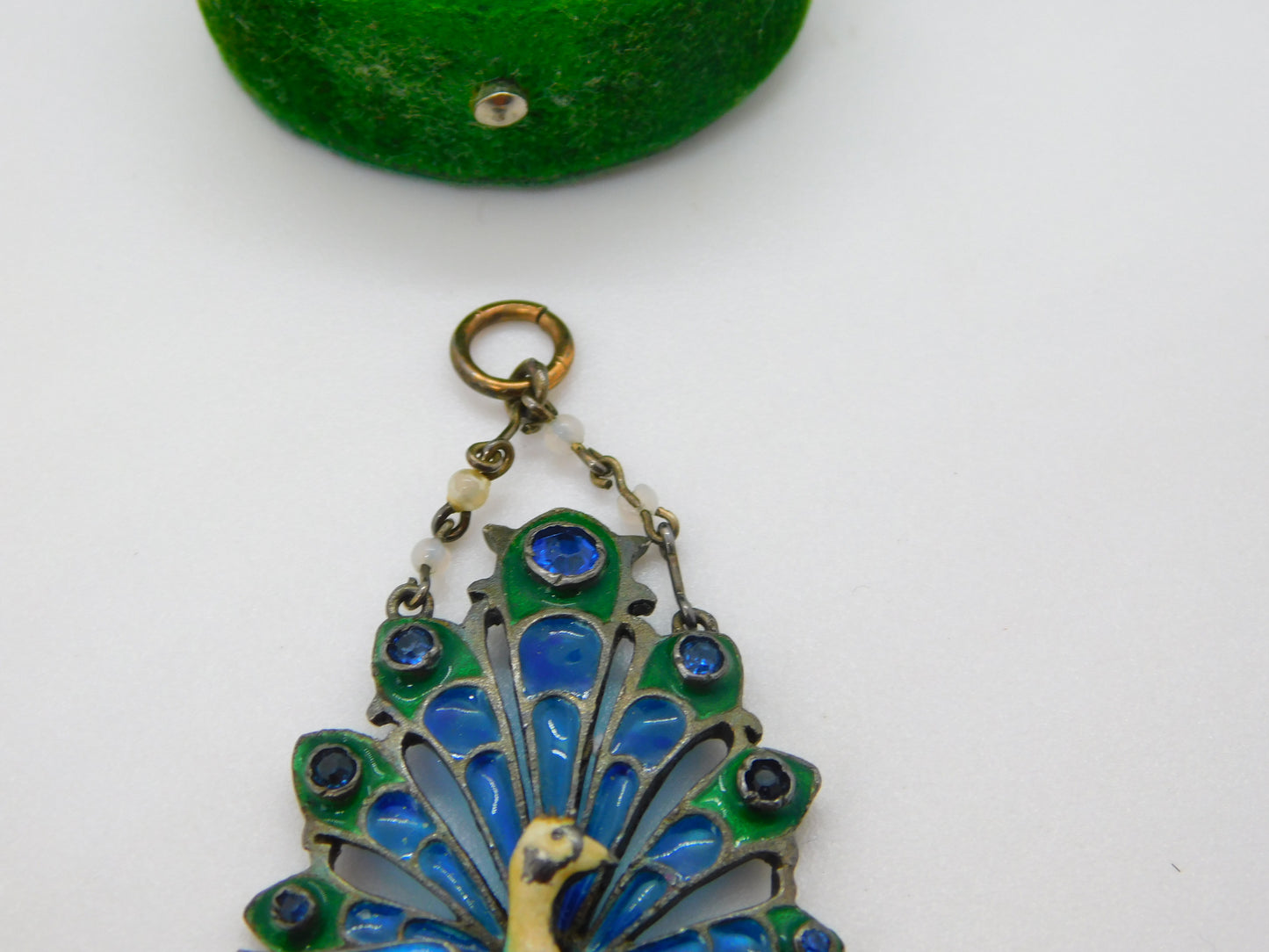 Plique-à-jour Sterling Silver Enamel, Moonstone Peacock Drop Pendant Antique