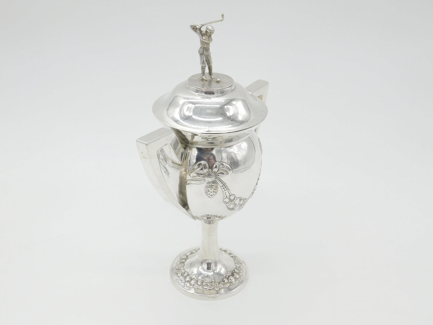 Large Sterling Silver Golf Sporting Trophy 1918 Birmingham Floral Bow Patterns