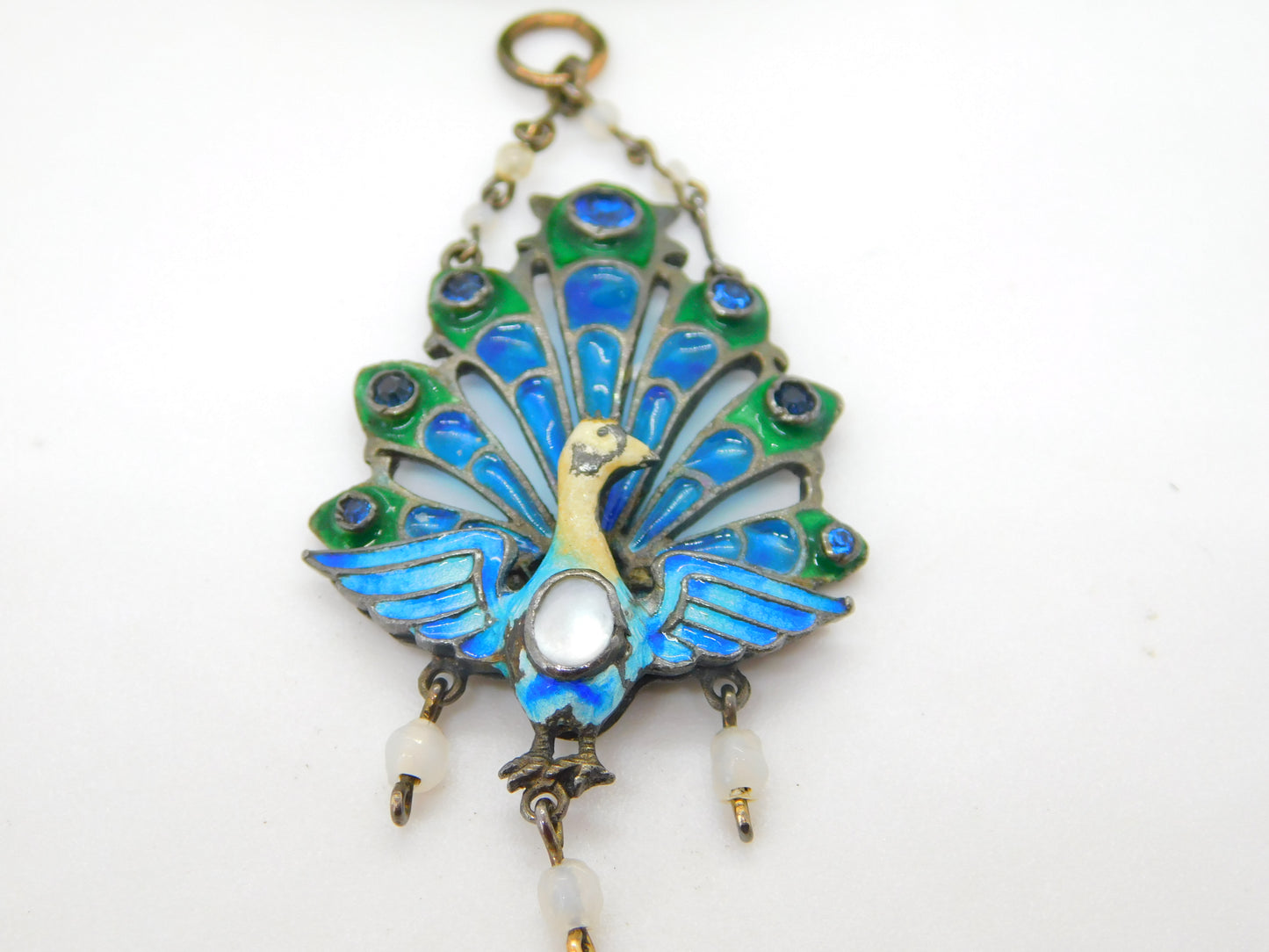 Plique-à-jour Sterling Silver Enamel, Moonstone Peacock Drop Pendant Antique