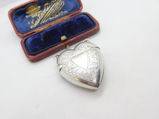 Victorian Sterling Silver Heart Shaped Floral Pattern Vesta Case 1896 Birmingham