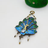 Plique-à-jour Sterling Silver Enamel, Moonstone Peacock Drop Pendant Antique