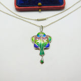 Art Nouveau Sterling Silver & Colourful Enamel Pendant Necklace Antique 1909