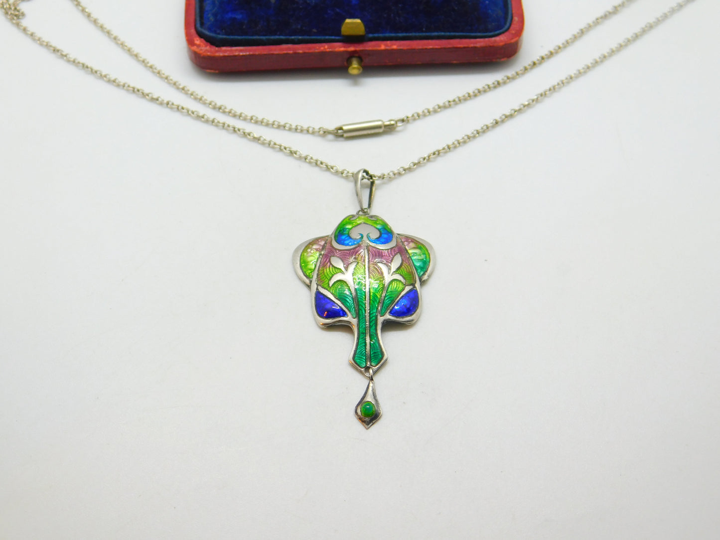 Art Nouveau Sterling Silver & Colourful Enamel Pendant Necklace Antique 1909