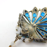 Plique-à-jour Sterling Silver Enamel, Moonstone Peacock Drop Pendant Antique