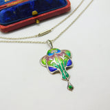 Art Nouveau Sterling Silver & Colourful Enamel Pendant Necklace Antique 1909