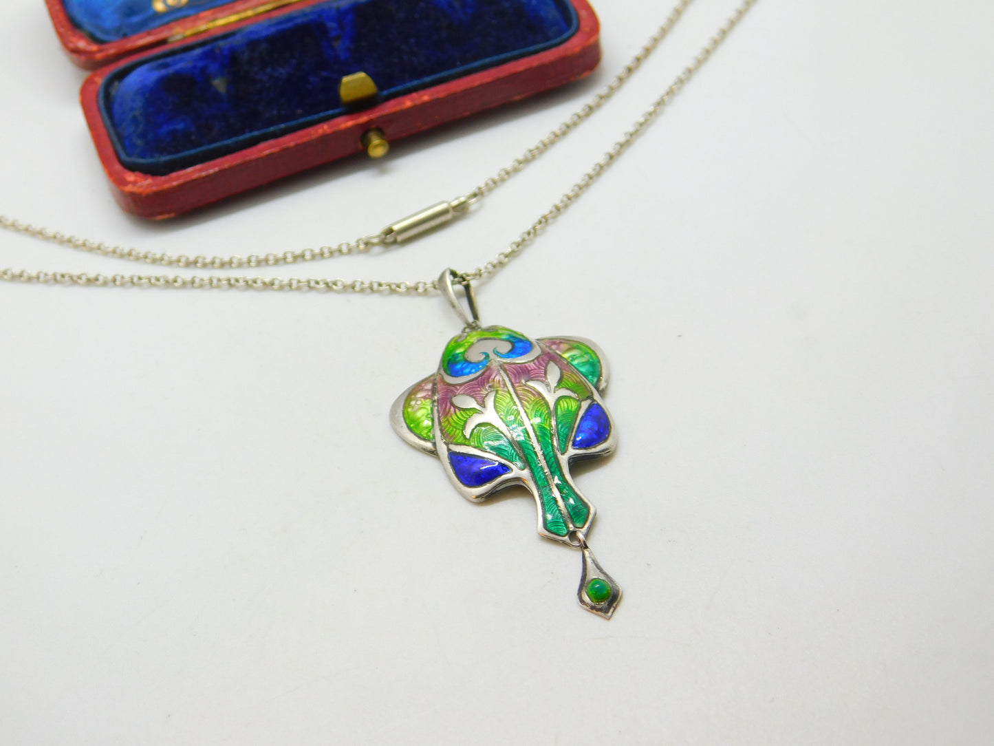 Art Nouveau Sterling Silver & Colourful Enamel Pendant Necklace Antique 1909