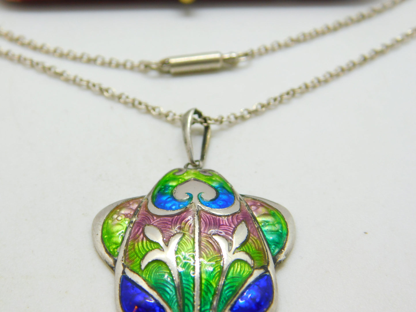 Art Nouveau Sterling Silver & Colourful Enamel Pendant Necklace Antique 1909