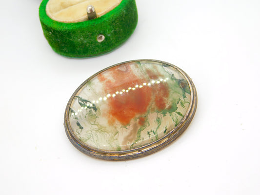 Victorian Sterling Silver Mounted Moss Agate Panel Brooch Antique c1880