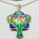 Art Nouveau Sterling Silver & Colourful Enamel Pendant Necklace Antique 1909