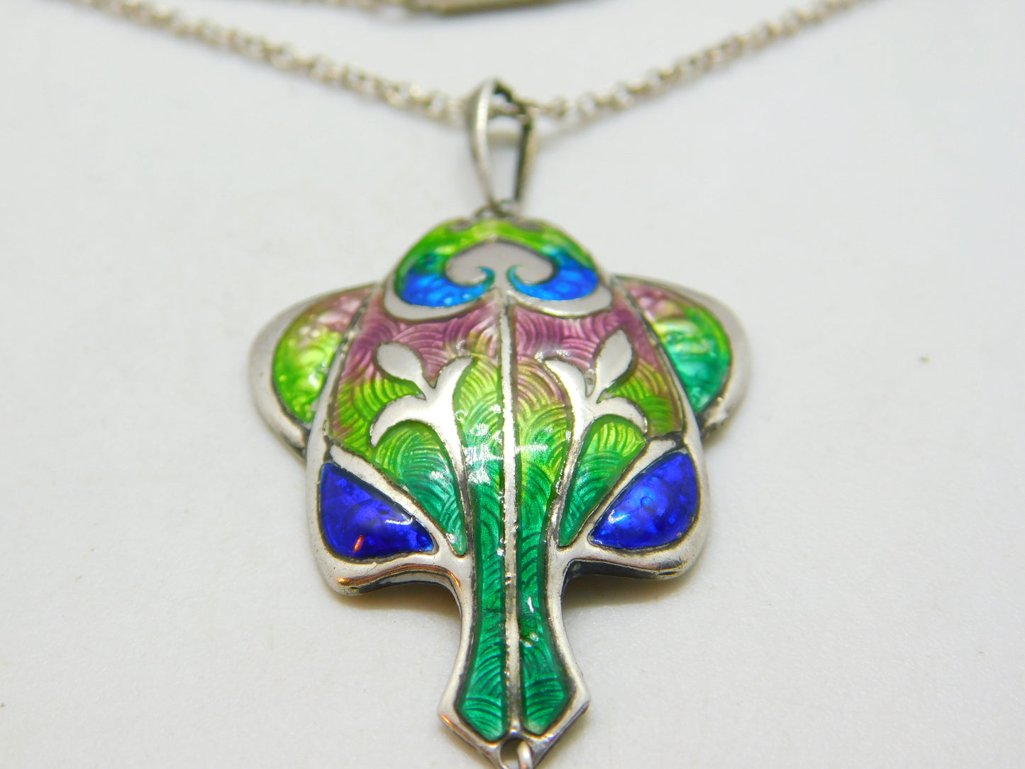 Art Nouveau Sterling Silver & Colourful Enamel Pendant Necklace Antique 1909