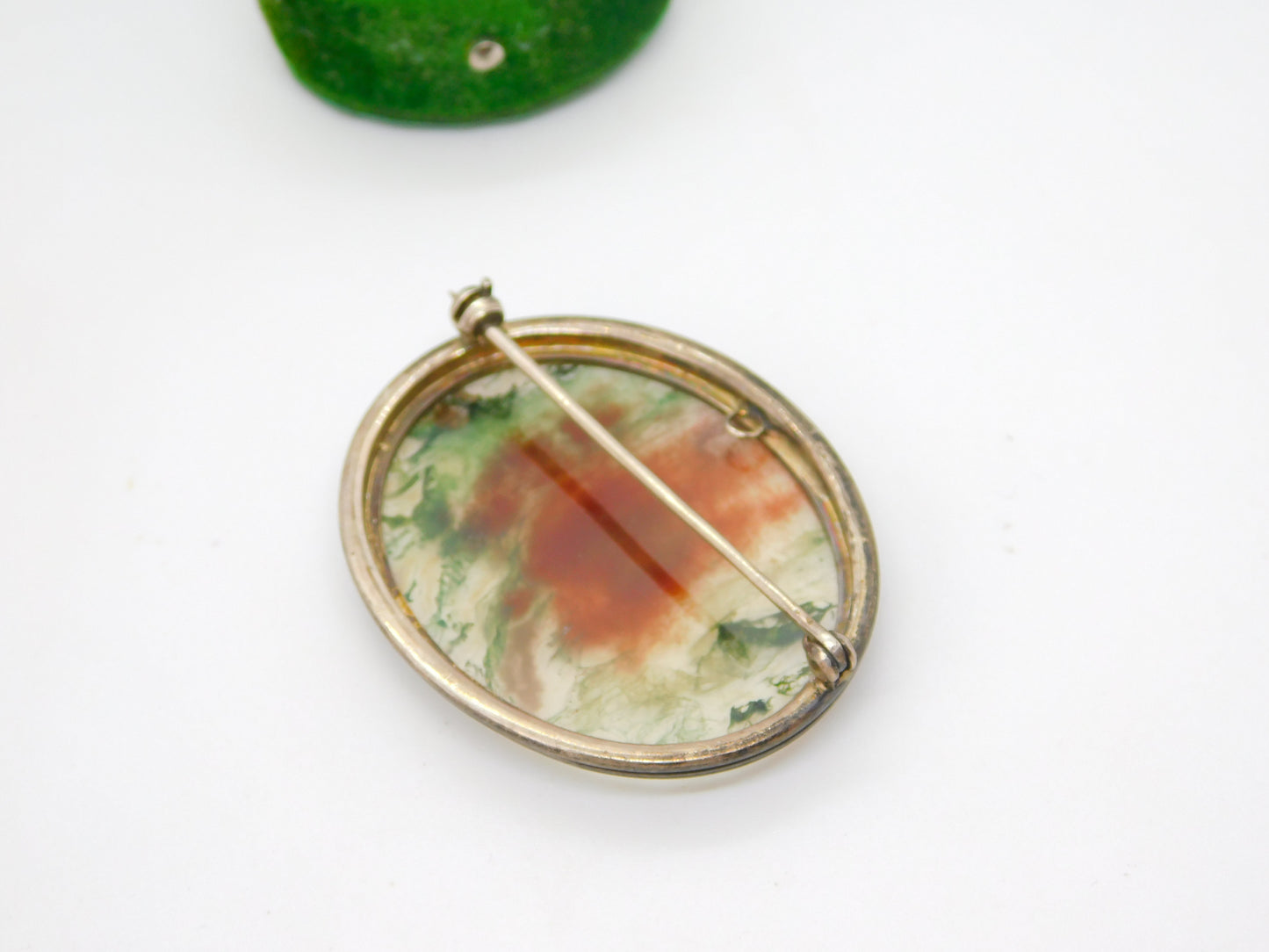 Victorian Sterling Silver Mounted Moss Agate Panel Brooch Antique c1880