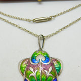 Art Nouveau Sterling Silver & Colourful Enamel Pendant Necklace Antique 1909