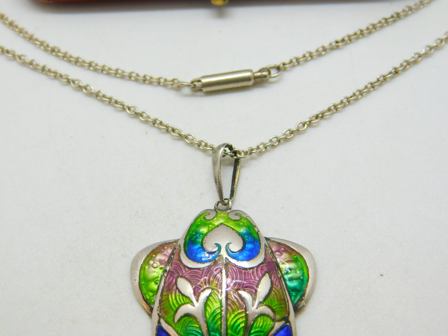 Art Nouveau Sterling Silver & Colourful Enamel Pendant Necklace Antique 1909