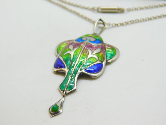 Art Nouveau Sterling Silver & Colourful Enamel Pendant Necklace Antique 1909