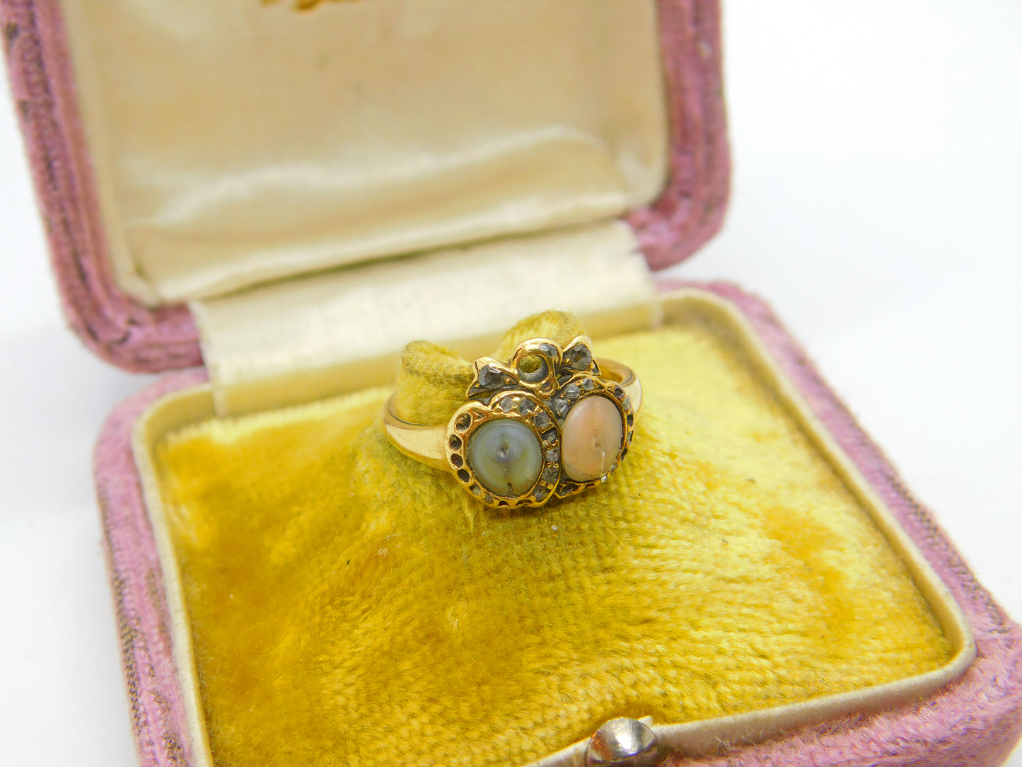 Early Georgian 18ct Gold, Angel Skin Coral & Diamond Marriage Unity Ring c1760