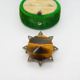 Victorian Sterling Silver Gilt, Seed Pearl & Tiger's Eye Sun Brooch 1880 Antique