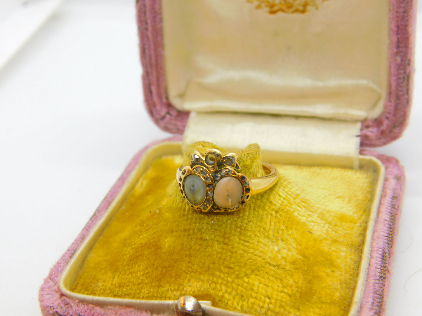 Early Georgian 18ct Gold, Angel Skin Coral & Diamond Marriage Unity Ring c1760