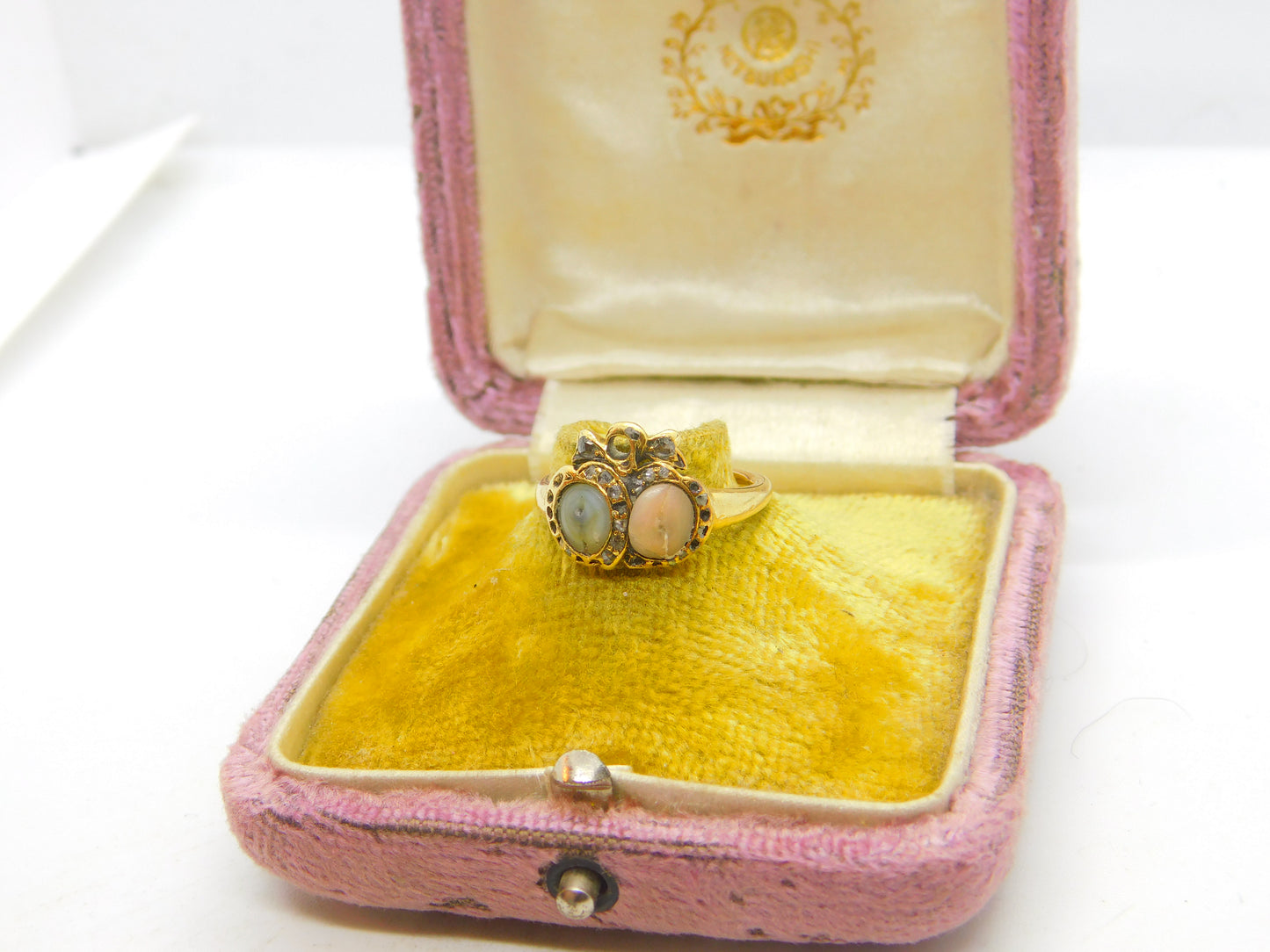 Early Georgian 18ct Gold, Angel Skin Coral & Diamond Marriage Unity Ring c1760