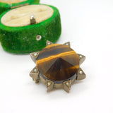 Victorian Sterling Silver Gilt, Seed Pearl & Tiger's Eye Sun Brooch 1880 Antique