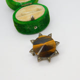 Victorian Sterling Silver Gilt, Seed Pearl & Tiger's Eye Sun Brooch 1880 Antique