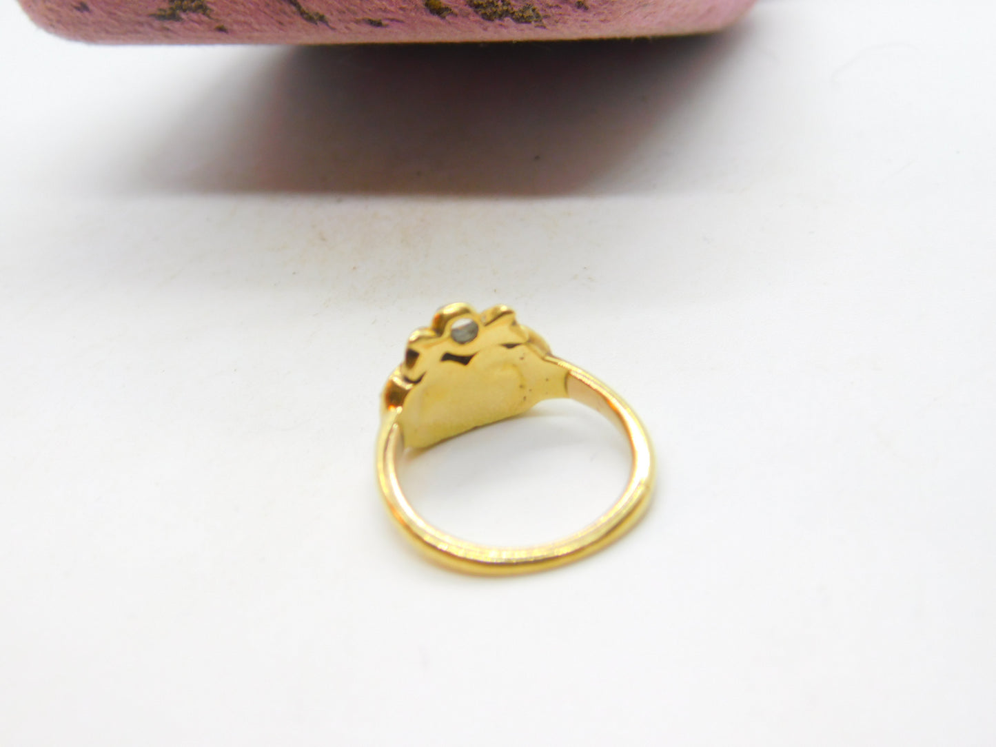 Early Georgian 18ct Gold, Angel Skin Coral & Diamond Marriage Unity Ring c1760