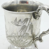 Victorian Sterling Silver Aesthetic Owl & Bird Pattern Mug Antique 1879 Birmingham