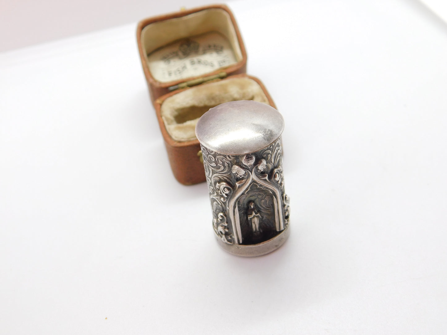 Victorian Cylindrical Sterling Silver Smelling Salts Pot with Virgin Mary c1860