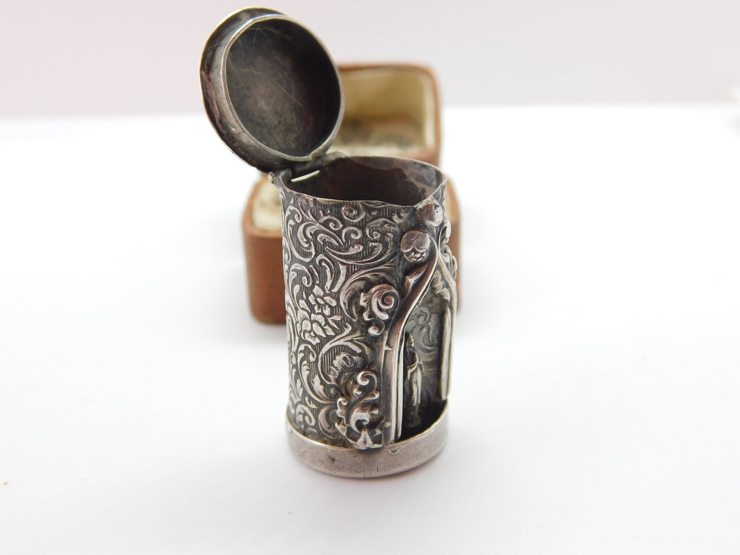 Victorian Cylindrical Sterling Silver Smelling Salts Pot with Virgin Mary c1860