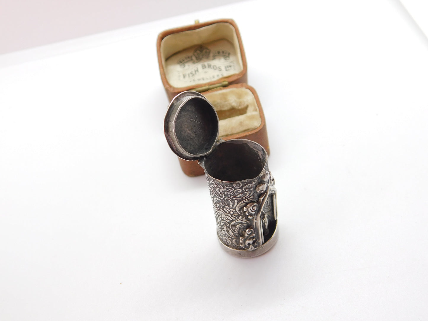 Victorian Cylindrical Sterling Silver Smelling Salts Pot with Virgin Mary c1860