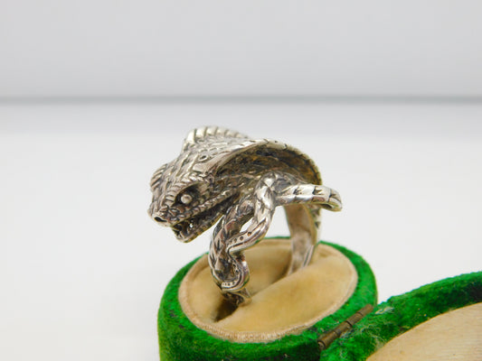 Sterling Silver Coiled Cobra Snake Statement Crossover Ring Vintage c1990