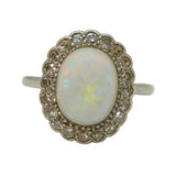 Victorian 18ct White Gold, Cabochon Opal & Diamond Cluster Engagement Ring Antique c1880