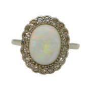 Victorian 18ct White Gold, Cabochon Opal & Diamond Cluster Engagement Ring Antique c1880
