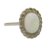 Victorian 18ct White Gold, Cabochon Opal & Diamond Cluster Engagement Ring Antique c1880