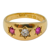 18ct Yellow Gold, Old-Cut Ruby & Diamond Gypsy Ring Antique 1874 Chester