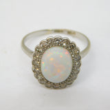 Victorian 18ct White Gold, Cabochon Opal & Diamond Cluster Engagement Ring Antique c1880